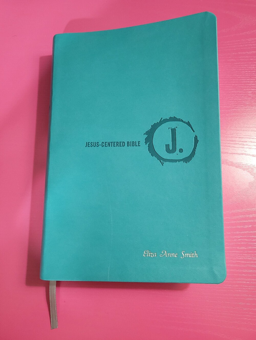Jesus-Centered Bible Teal Cover Has Name Imprinted On Front (1277)